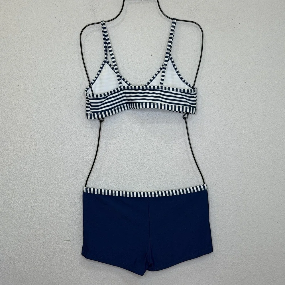 Tommy Bahama 2 Piece Swimsuit Girls Size 16 Blue Striped Trianlge Top Boy Shorts